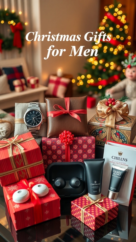 A collection of Christmas gifts for men including a watch, wallet, earbuds, and grooming kit, set in a festive living room.